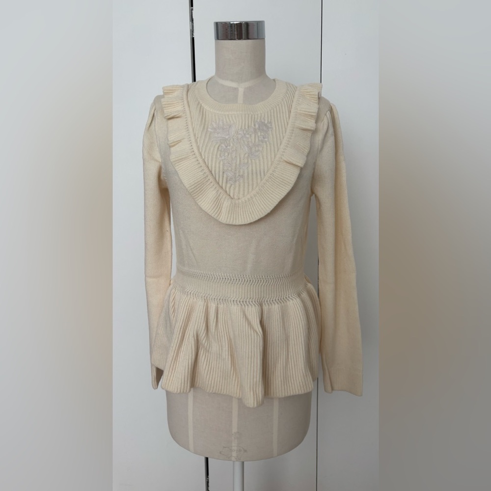 Kate Spade Cream Embroidered Bib Sweater with Ruffle Accents